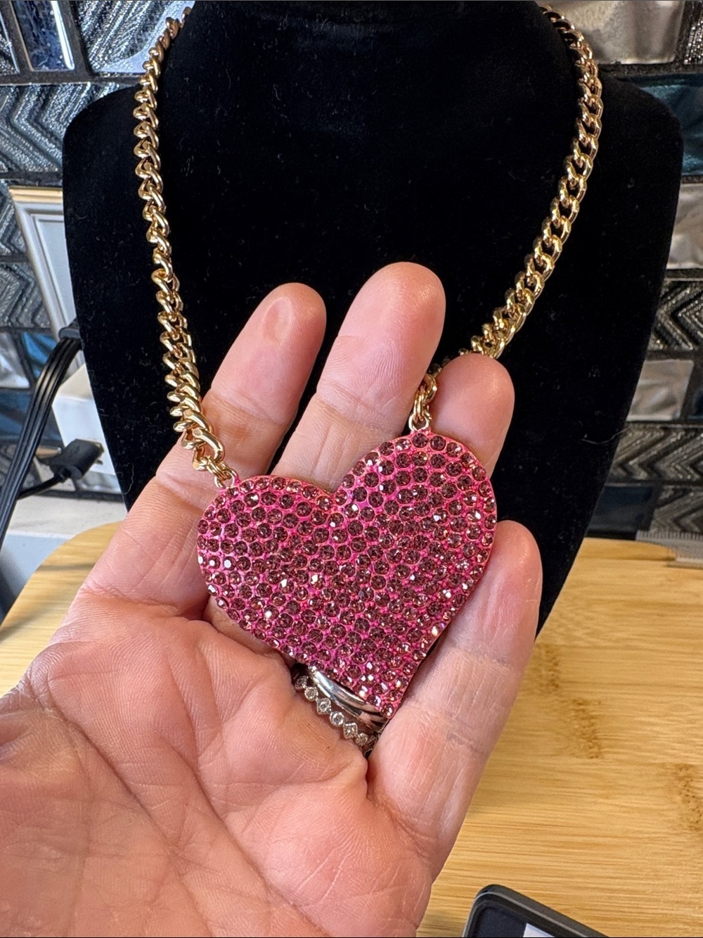 Gold-Tone Chain Necklace with Pink Crystal Heart Pendant - Picture 2 of 5
